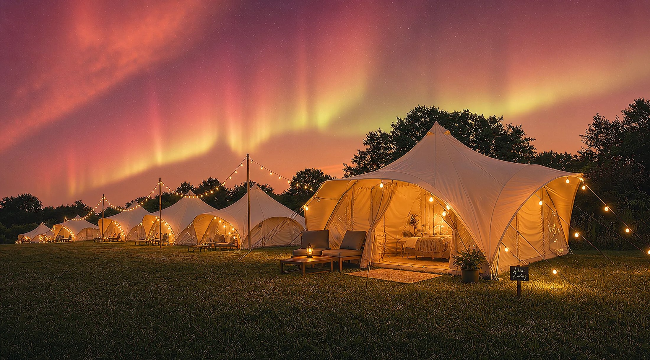 A field of lit canvas tents at dusk