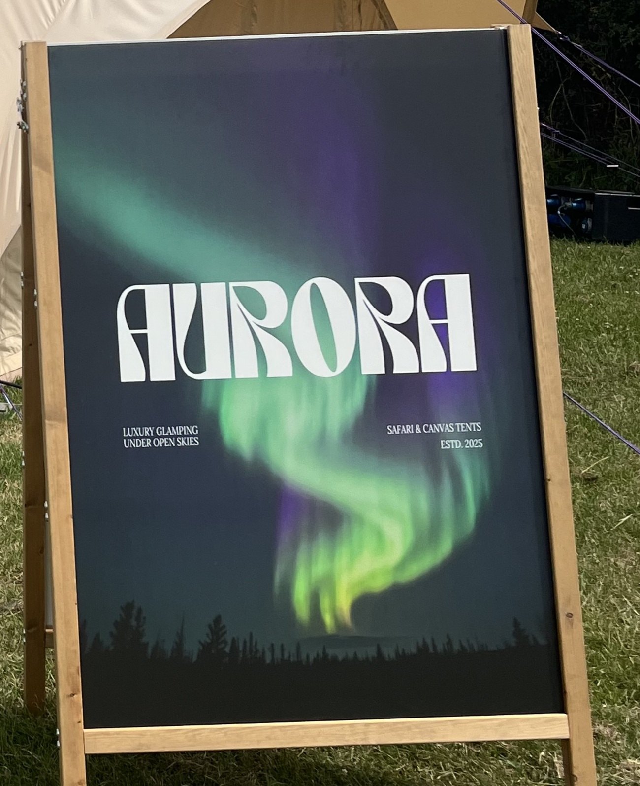 Aurora's printed signboard, green and violet