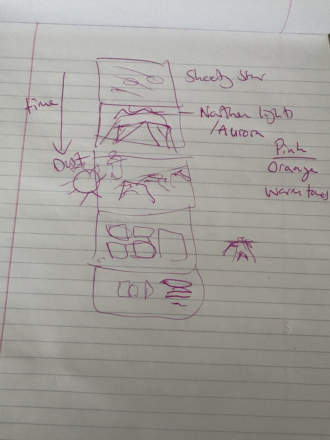 The original biro sketch of the page, on lined paper