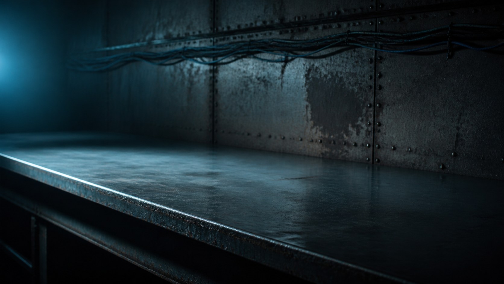 A dark steel workbench, cool light from the left