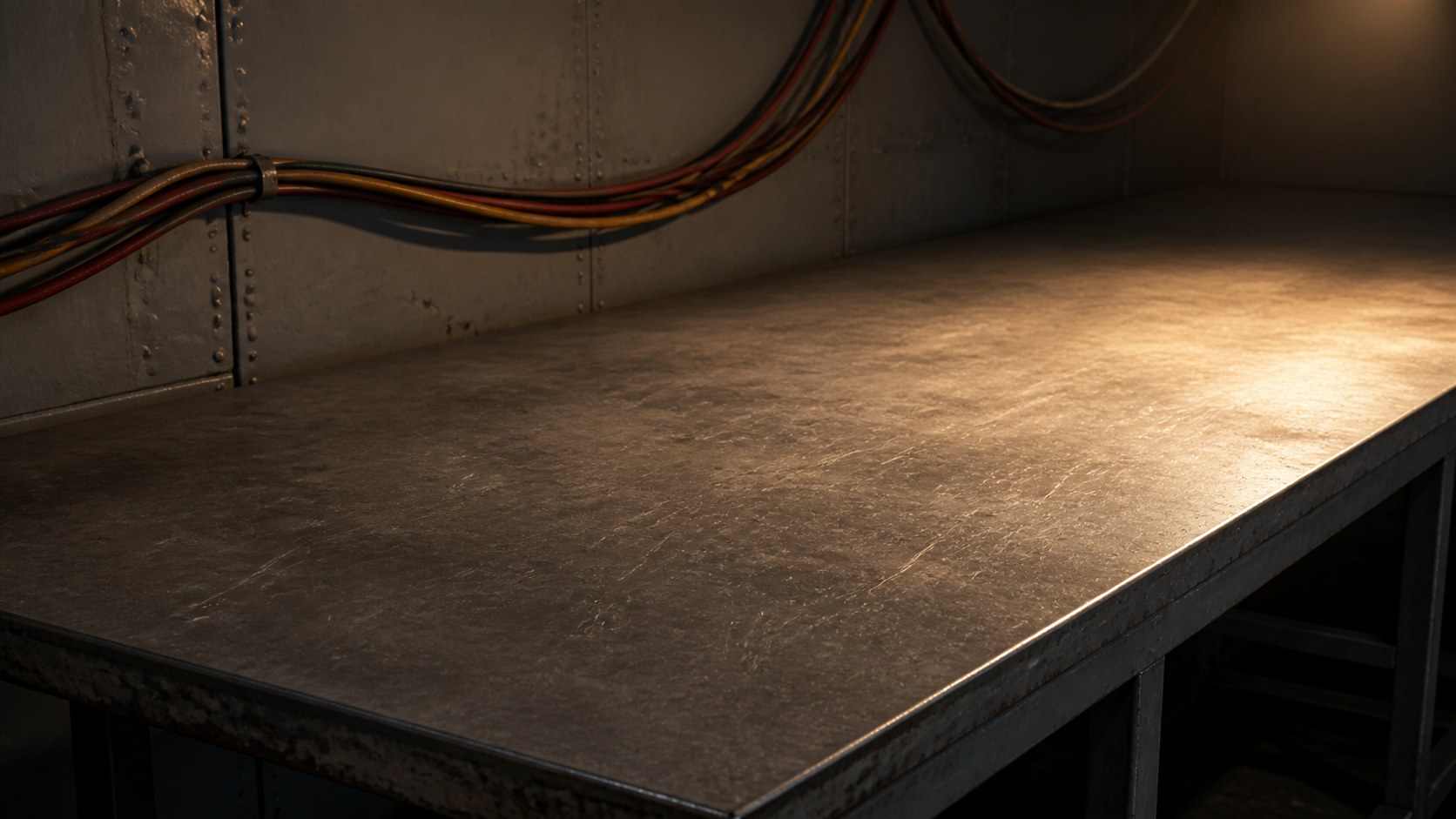 A steel workbench under one warm bulb