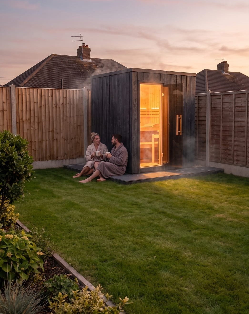 A garden sauna at dusk, generated by the pipeline