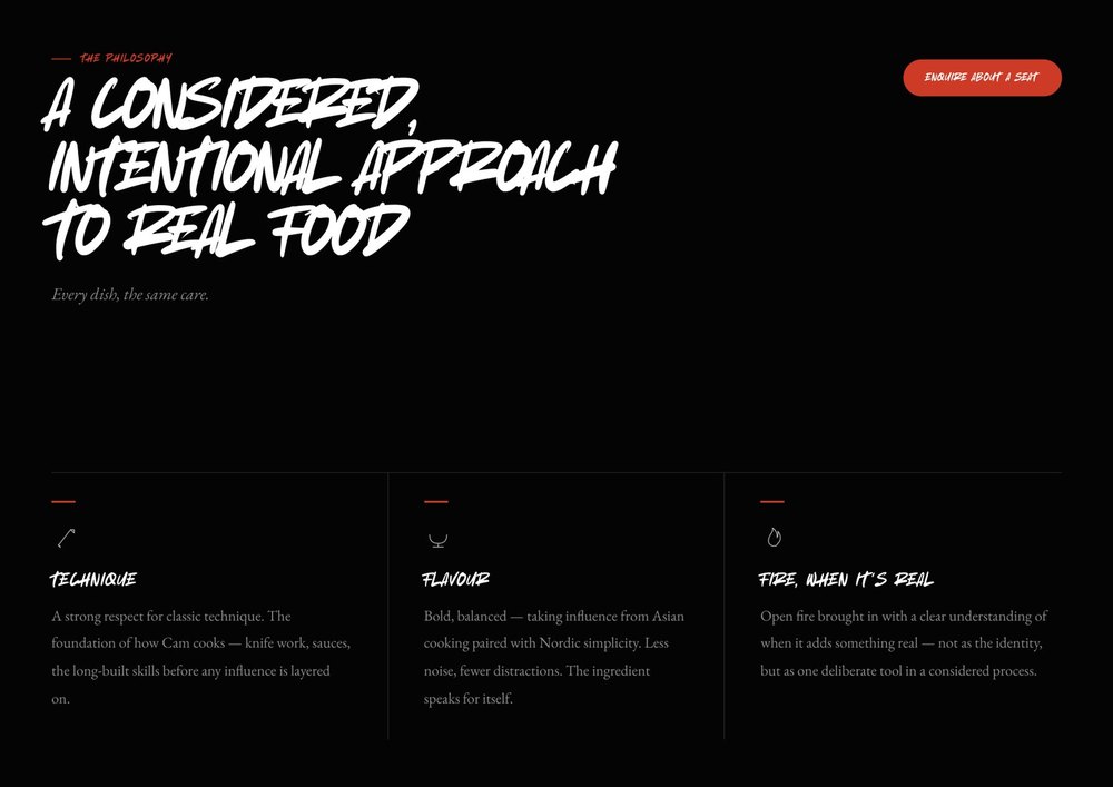 Concept page three, the philosophy and three line icons