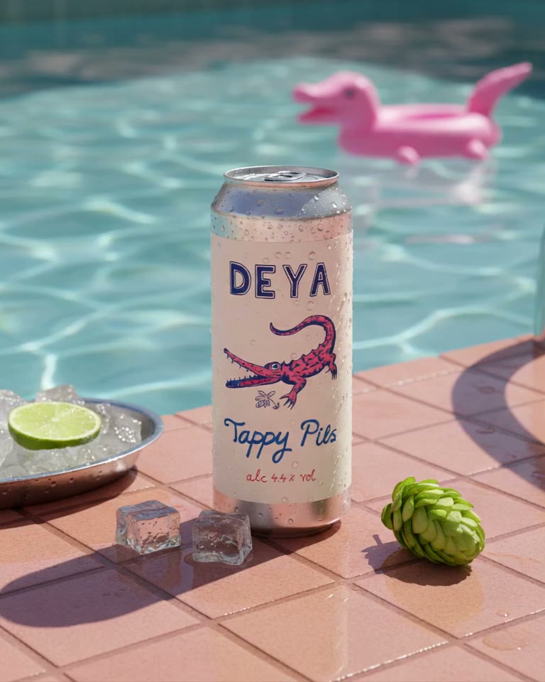A DEYA Tappy Pils can on pink pool tiles beside a pale blue pool, a pink inflatable crocodile behind