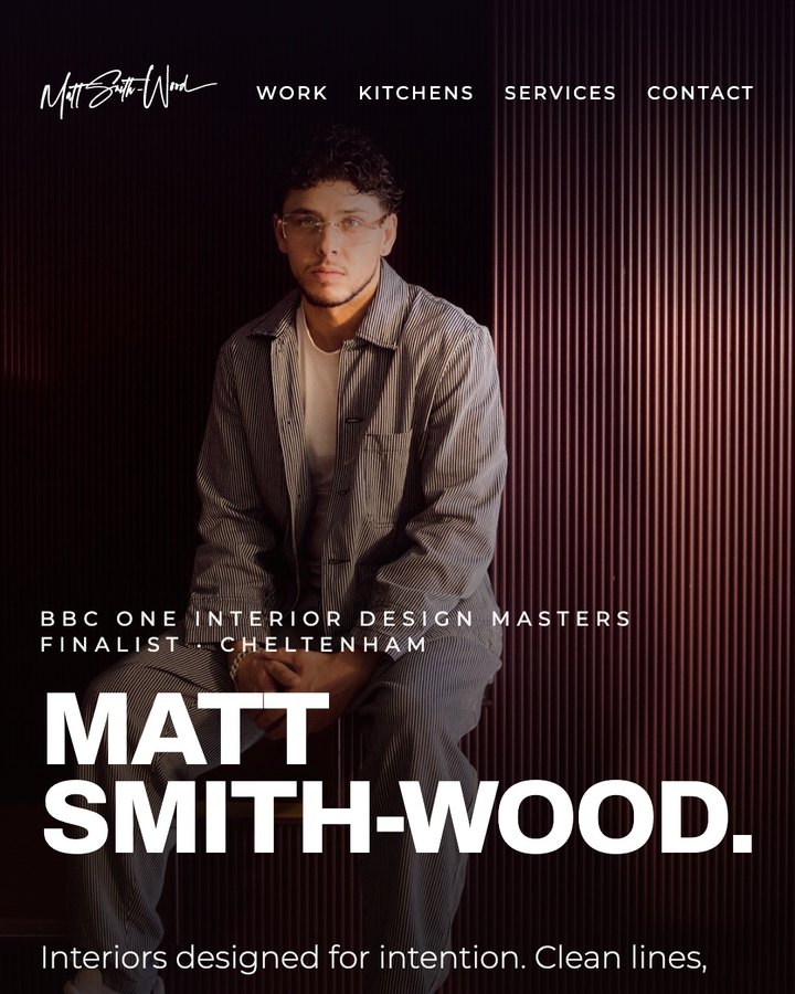 The Matt Smith-Wood mobile site: the designer seated against oxblood timber slats