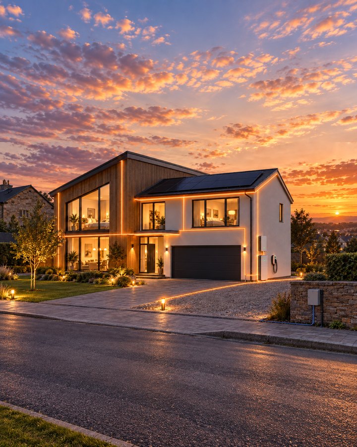 A timber and white-render house at golden hour, solar roof and warm light lines tracing the battery and charger