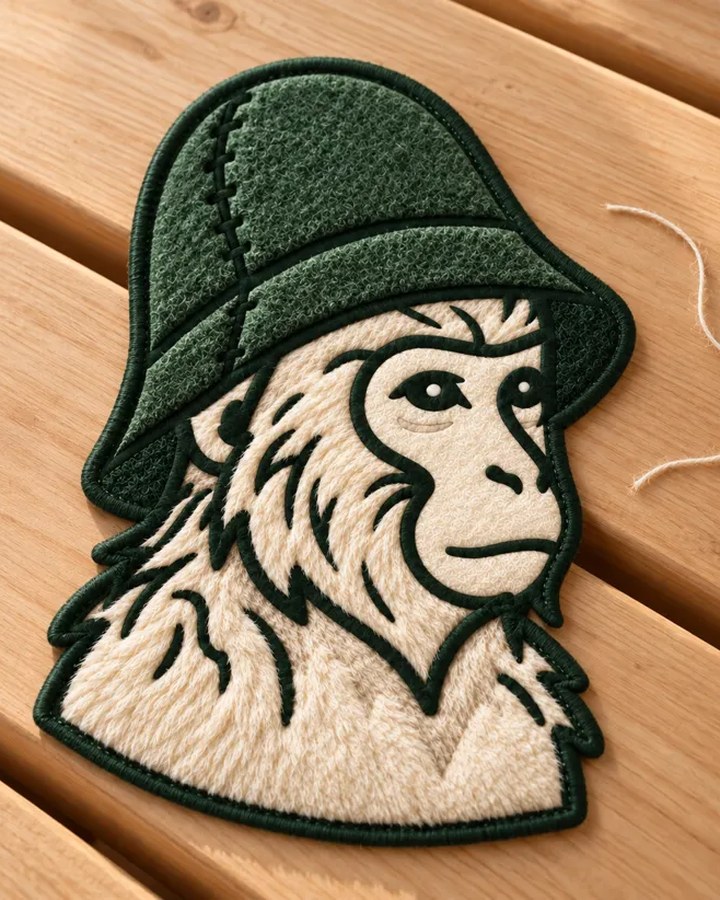 The Sauna Co. monkey as an embroidered felt and fur patch on sauna timber