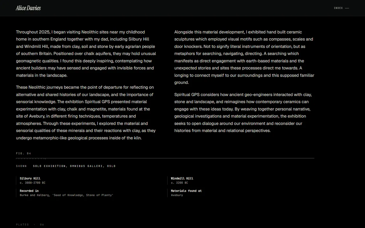The same text in two readable columns on black, with a figure number, a specification rule and her exhibition facts beneath
