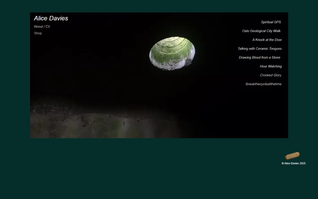 Her previous home page: a single stone floating on a deep green ground, with the eight project titles set small in italic down the right-hand side