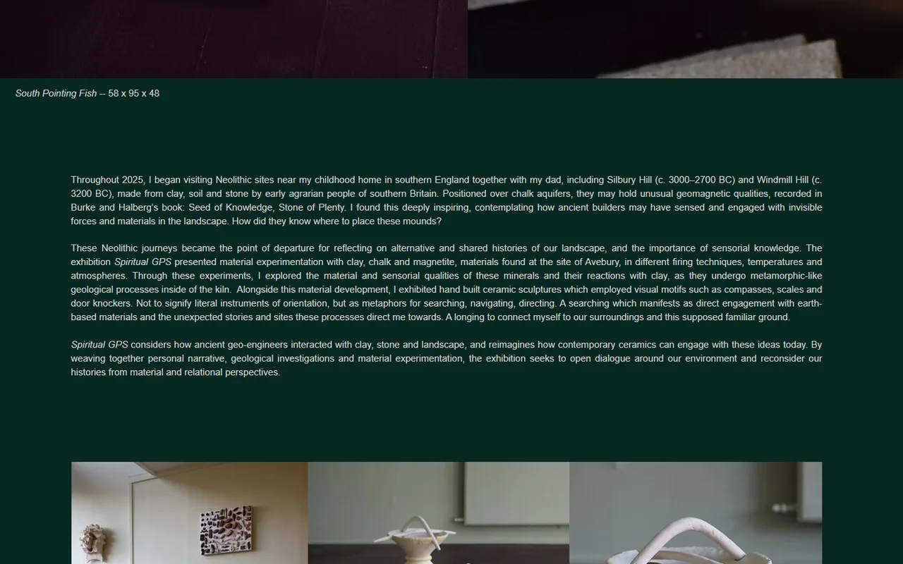 Three paragraphs of justified 15px text running the full width of a deep green page, with a caption above and a row of thumbnails below