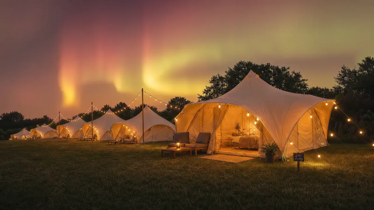 The camera lower, the first tents visible against the trees