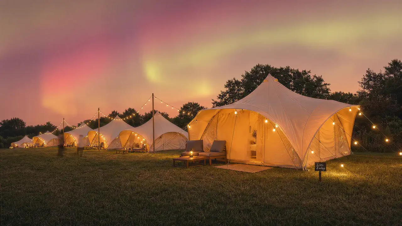 A row of cream tents under the aurora with their lights on