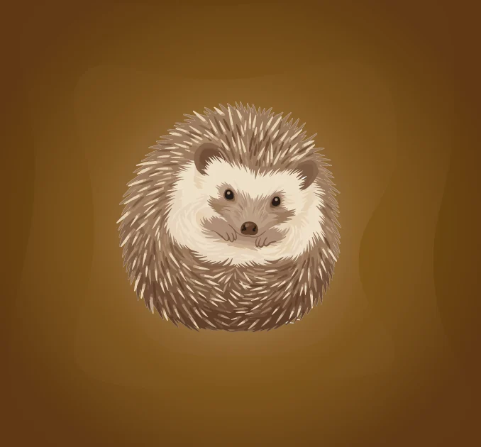 A hedgehog illustration curled up, drawn in soft browns and creams, on a plain brown gradient background