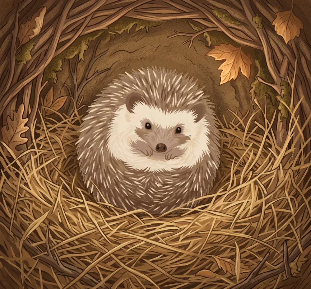 The same hedgehog, now sitting in a detailed nest of straw with branches, moss and autumn leaves arching over it