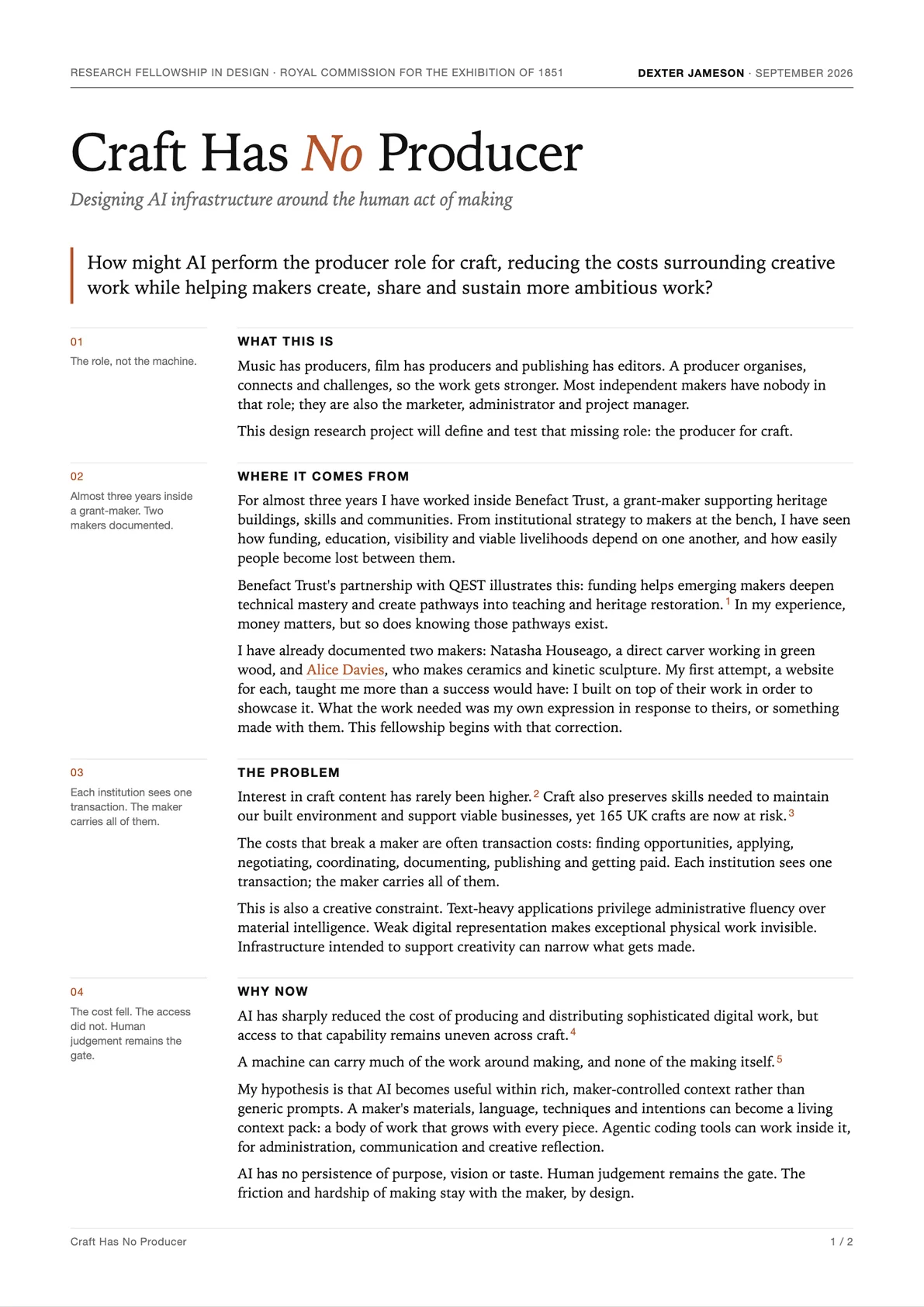 Page one of the application: the title Craft Has No Producer, the research question beside a clay rule, and the first four sections, What this is, Where it comes from, The problem and Why now, each with a short note in the left margin.