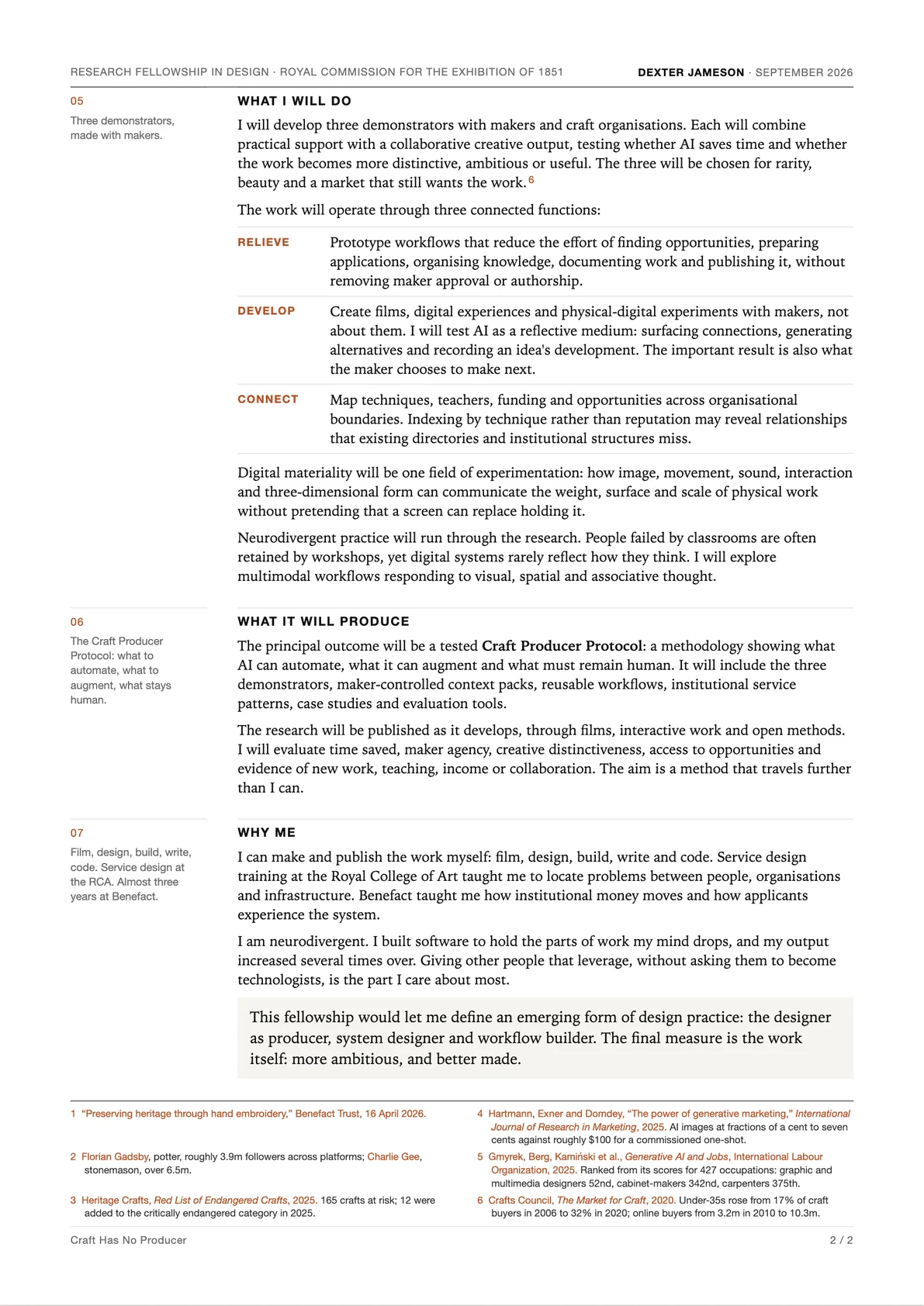 Page two of the application: What I will do, with its three functions Relieve, Develop and Connect, then What it will produce and Why me, a shaded closing statement, and six numbered references.