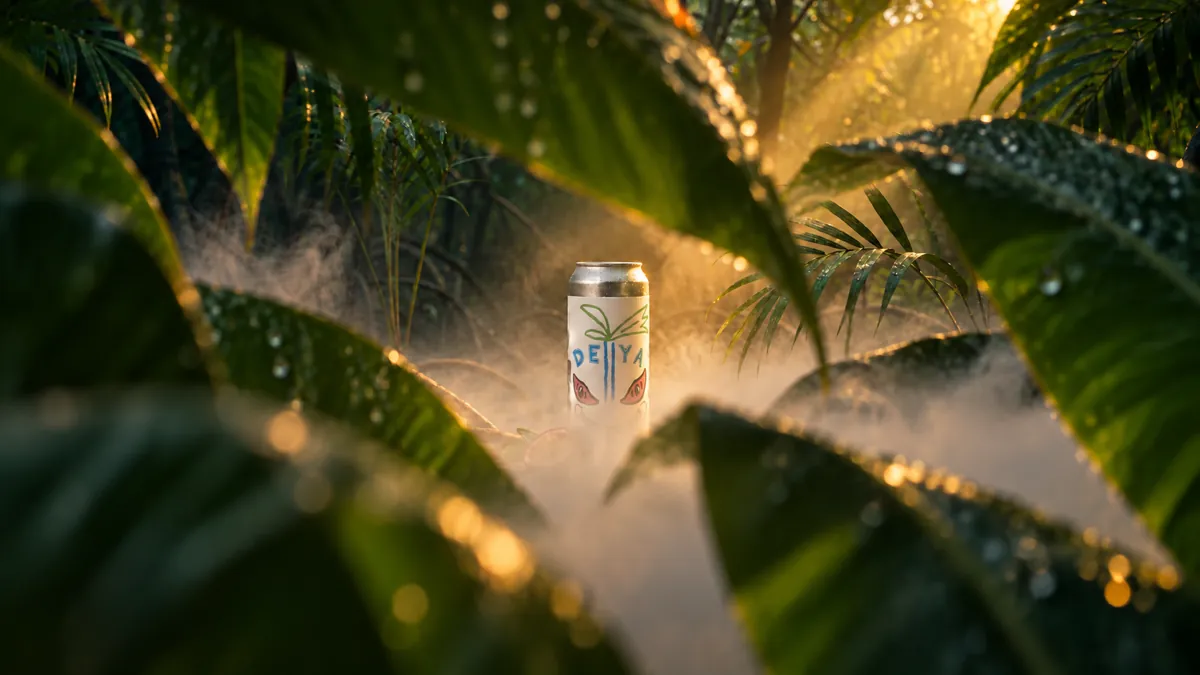 Into The Haze, first frame: the can half hidden behind dewy leaves in a misty jungle