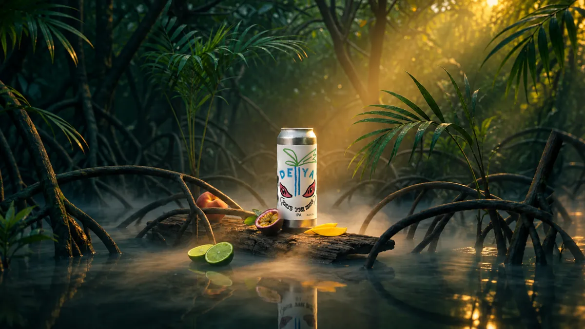 Into The Haze, last frame: the leaves gone and the can at rest on driftwood in a misty mangrove
