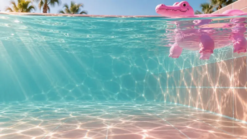 Empty pool water with a pink inflatable crocodile
