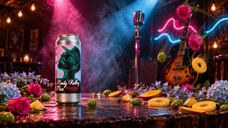 The finished stage with flowers and fruit around the can