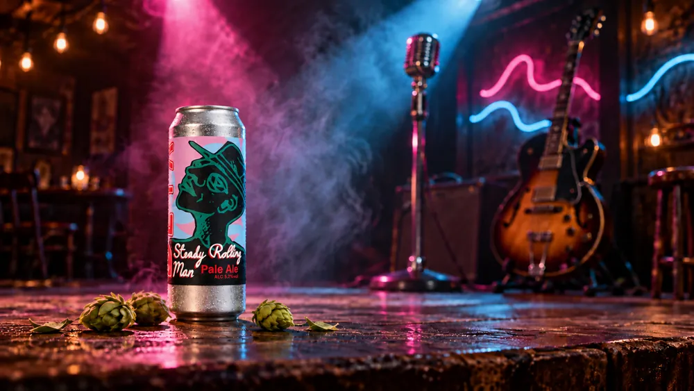 The can on a blues stage with pink and blue neon, smoke and spotlights