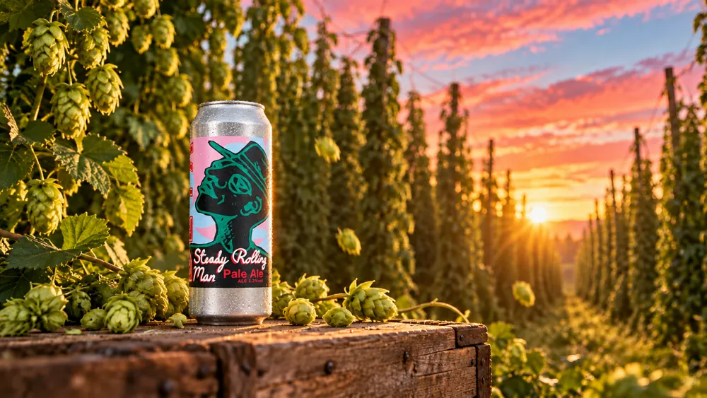 The can on a crate at the edge of a hop yard at sunset