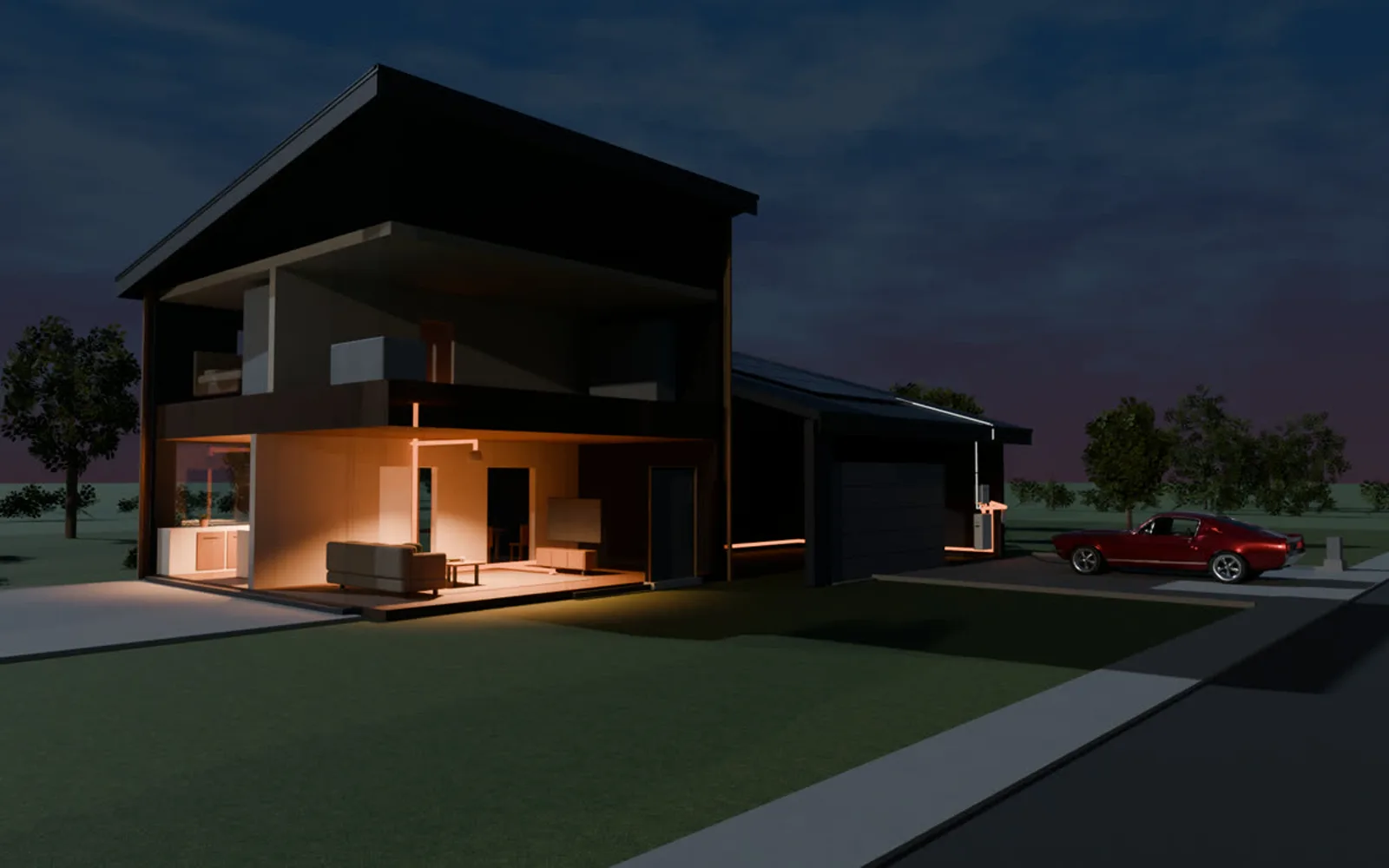 The same frame rendered in Cycles with the front wall removed and the rooms in use lit