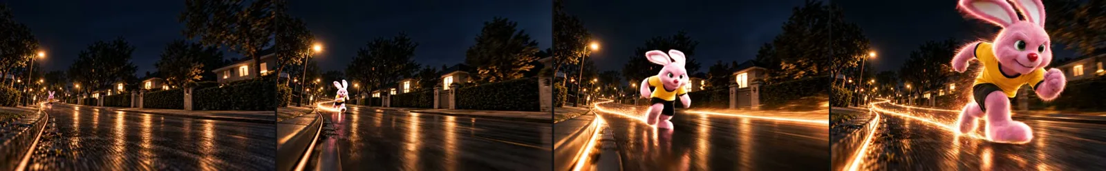 Four frames across the bunny clip, from a speck to rushing past the lens