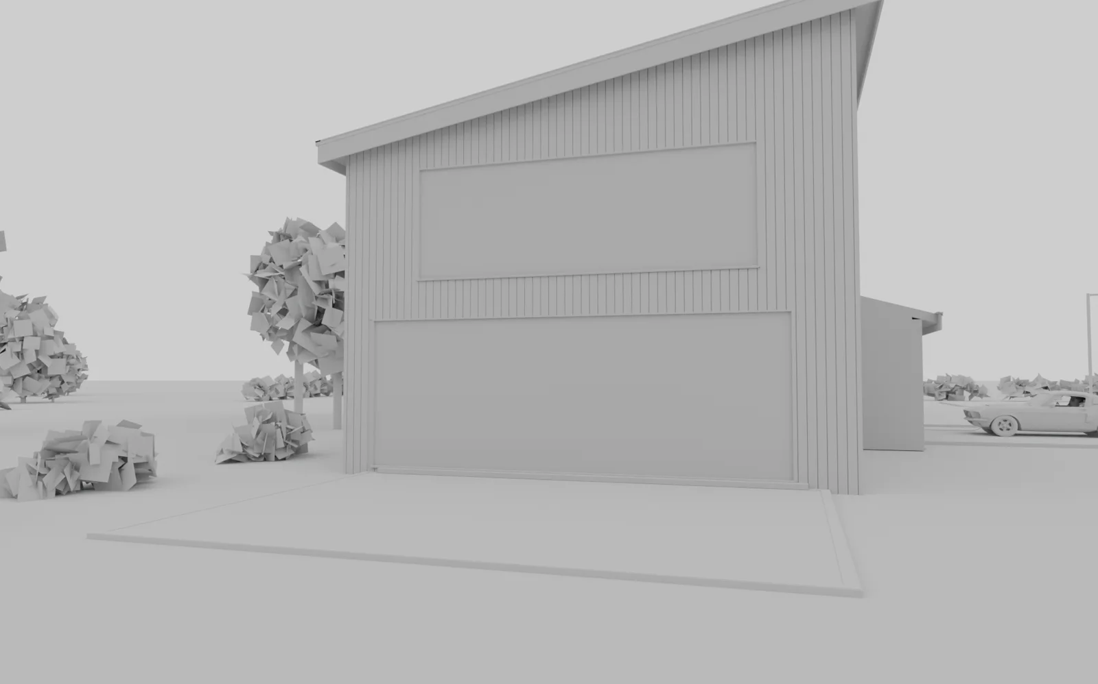 The same grey model from the garden, looking at the living room glass