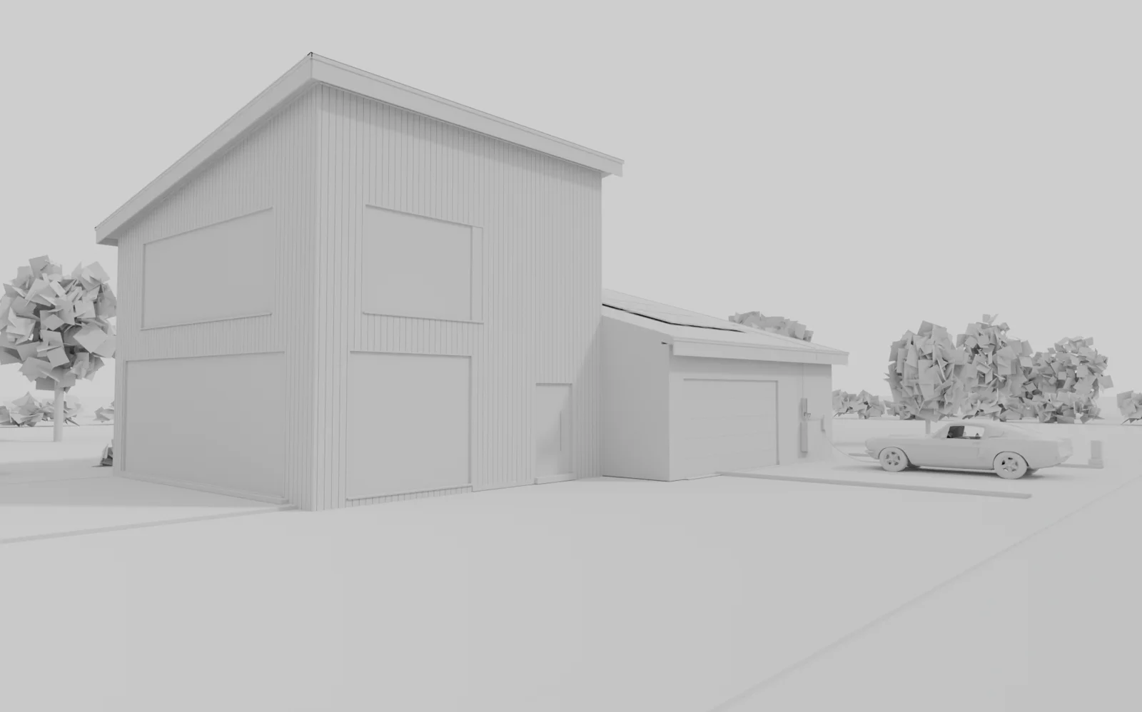 The house as an untextured grey clay render, walls on, from the film's own camera