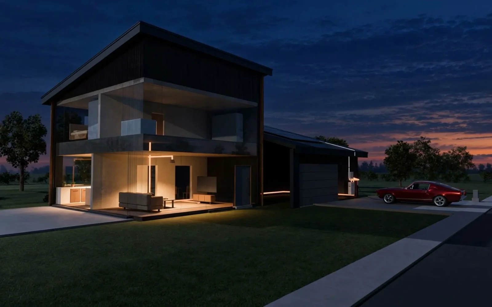 The house at 18:05, opened up, copper running from the battery to the rooms in use