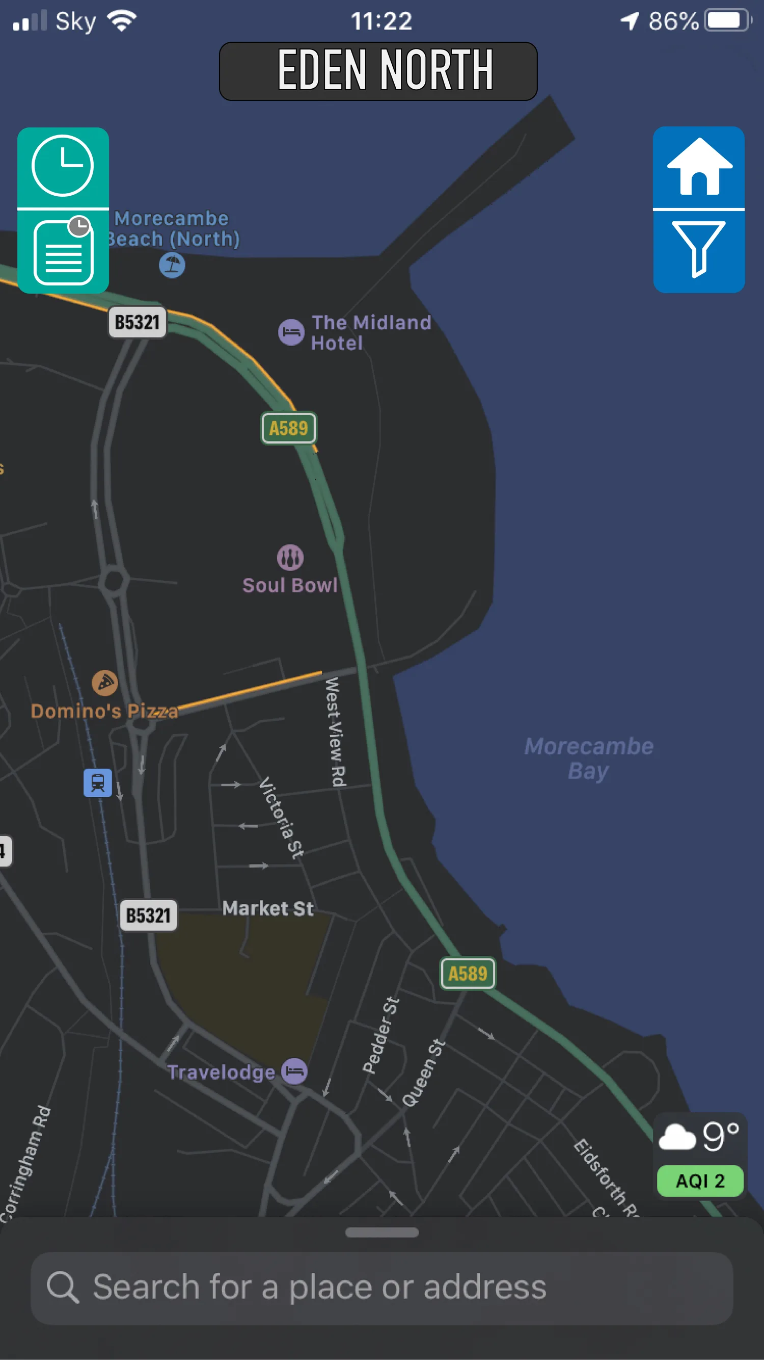 Eden North app map screen showing Morecambe with transport overlays