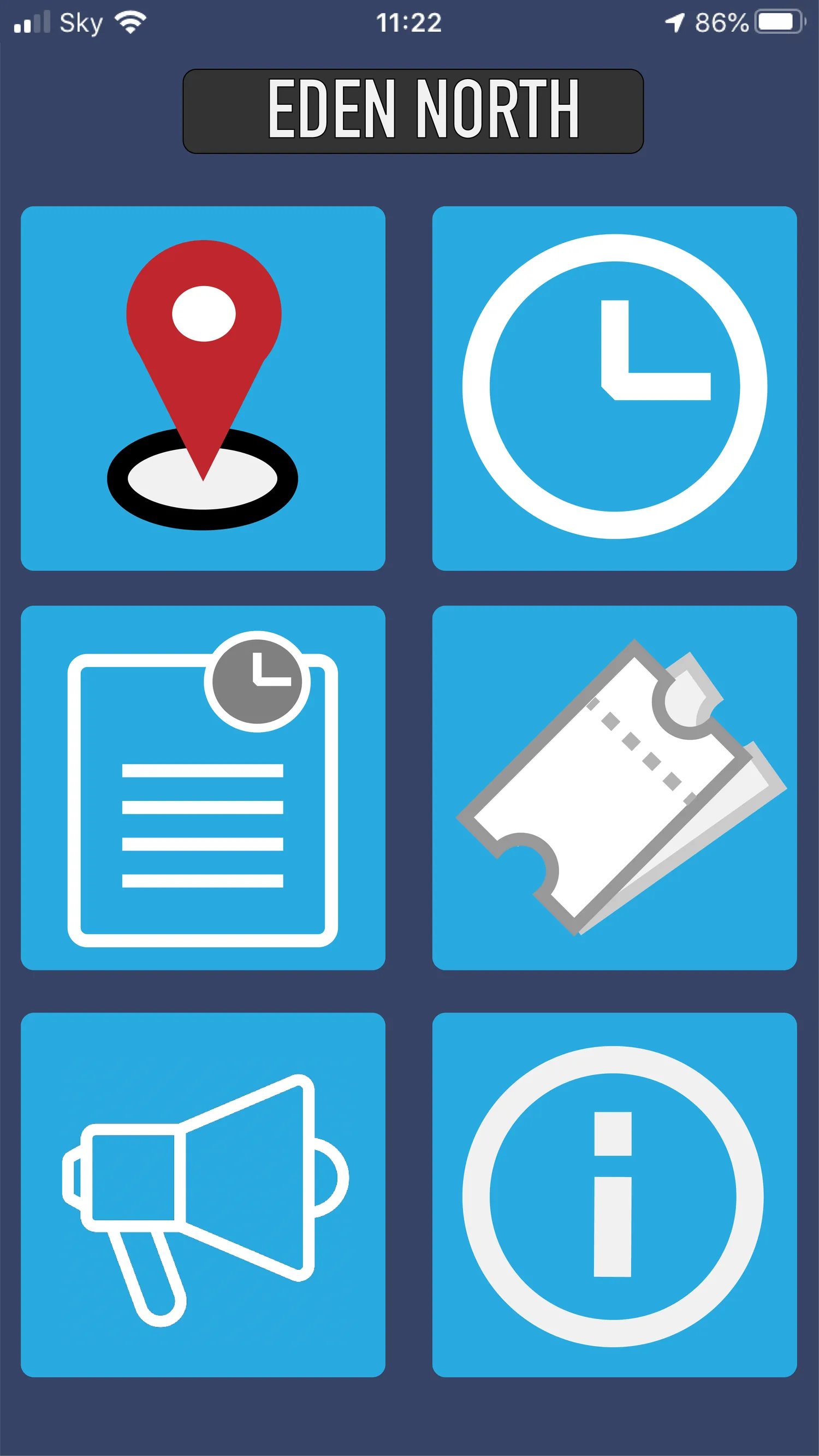 Eden North app menu with icons for location, times, information, tickets, announcements and info