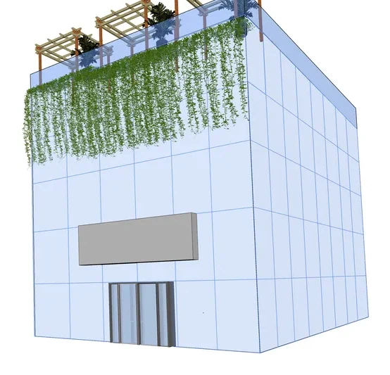 Render of the proposed glass food court building with a rooftop garden
