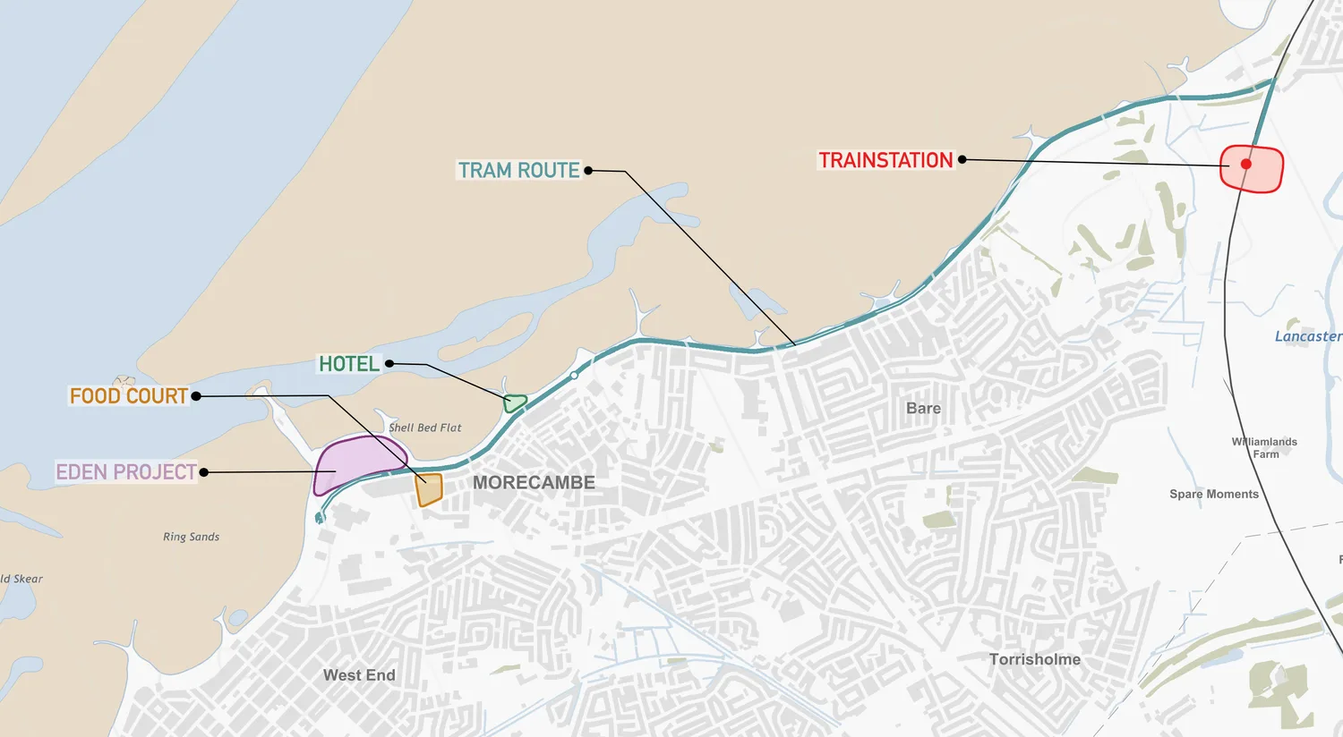 Annotated map of Morecambe showing the relocated train station, tram route, food court, hotel and Eden Project site