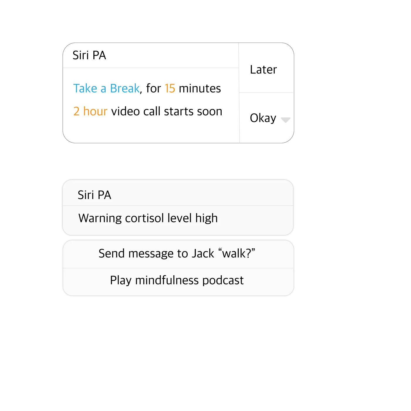 Two mobile notification mockups: take a break for 15 minutes before a two hour video call; and warning cortisol level high, with options to message a friend or play a mindfulness podcast