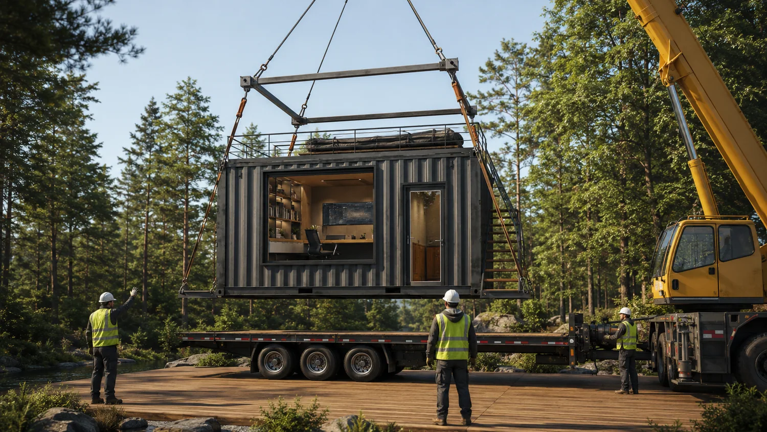 A crane lowering the module onto a timber deck beside water, banksmen guiding it in