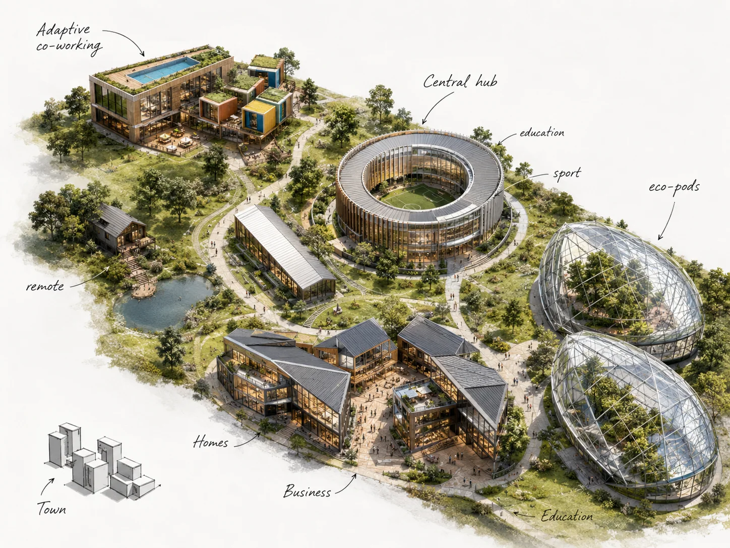 The ecosystem site plan rendered: adaptive co-working, a central hub, eco-pods, education, sport, homes and a remote cabin by a lake