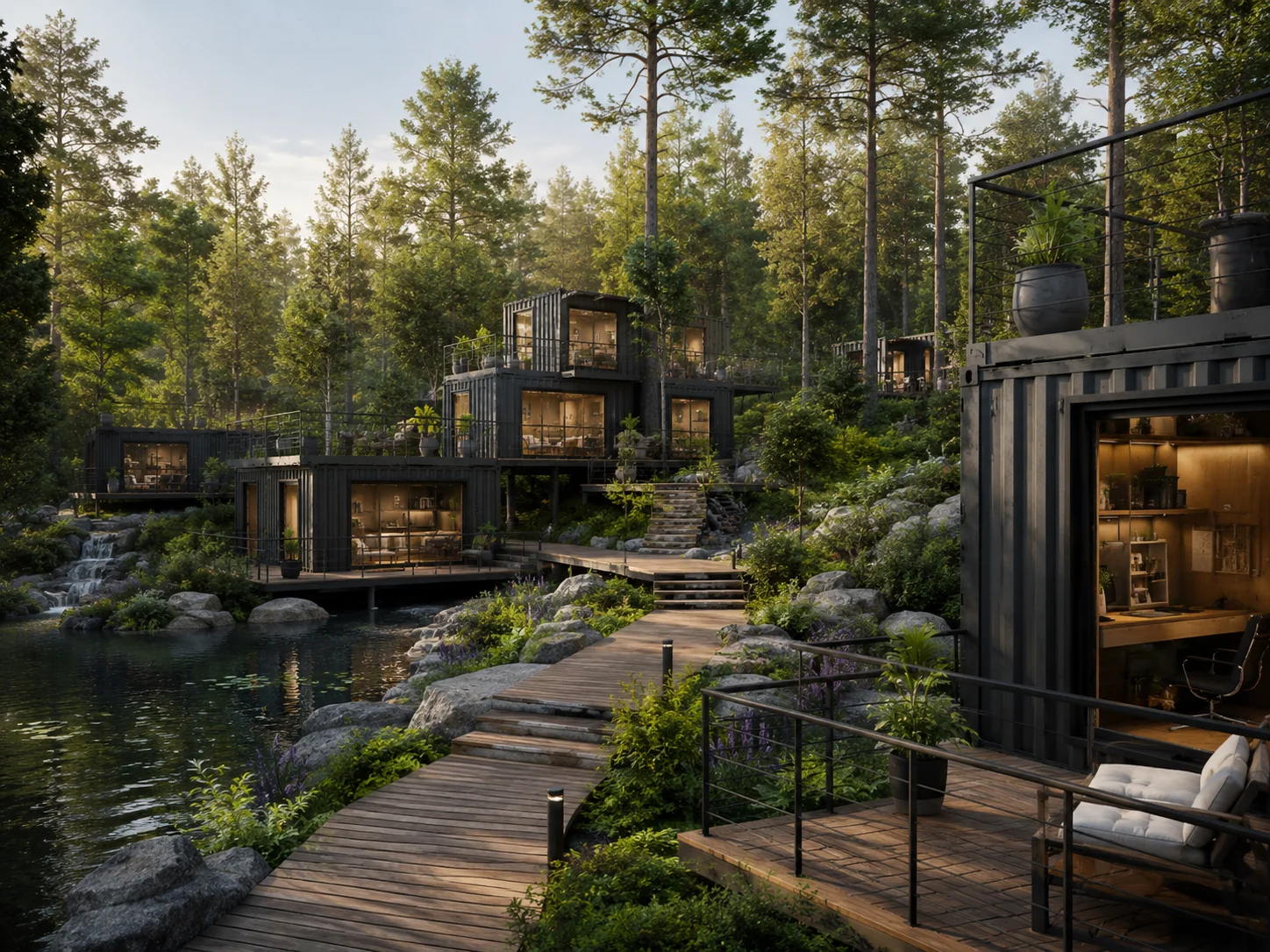 Modular workspace units terraced into a forest hillside above a lake