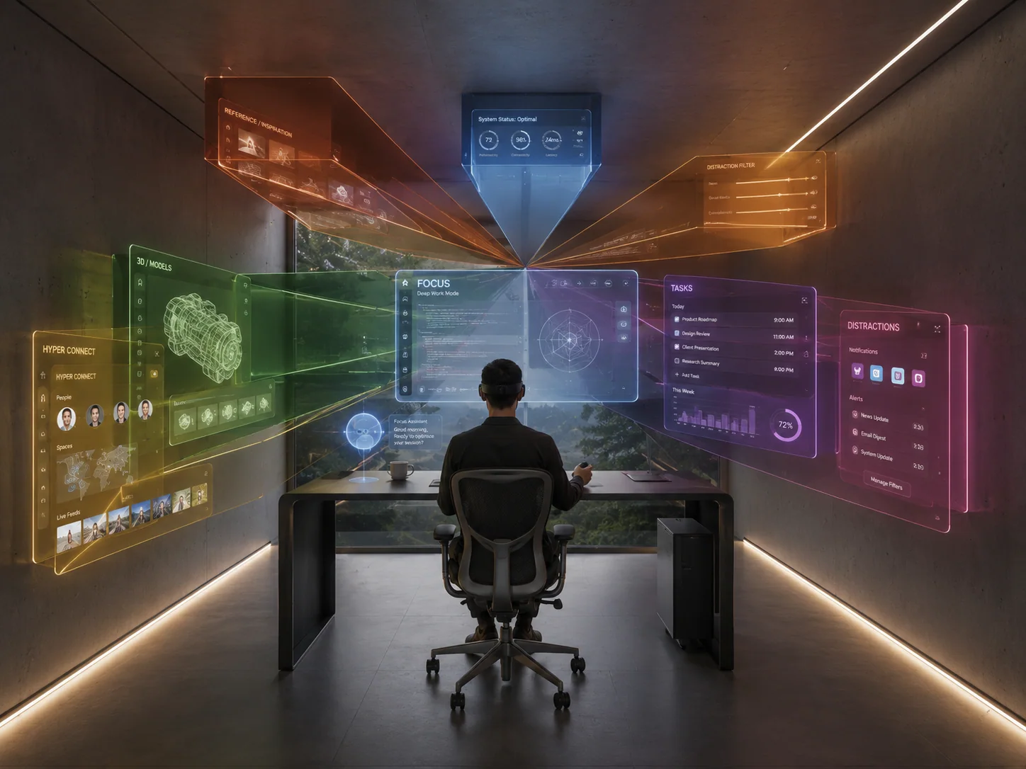 The hyperconnectivity sketch rendered: a worker at a desk surrounded by coloured floating panels labelled focus, tasks, distractions, hyper connect and 3D