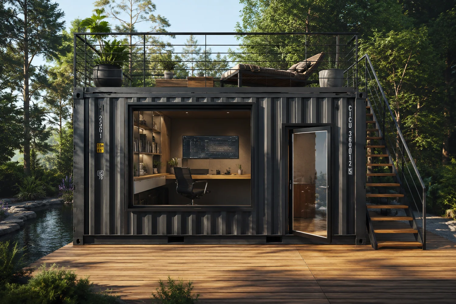 The finished single module: a glazed workspace with a roof terrace, staircase and deck beside a lake
