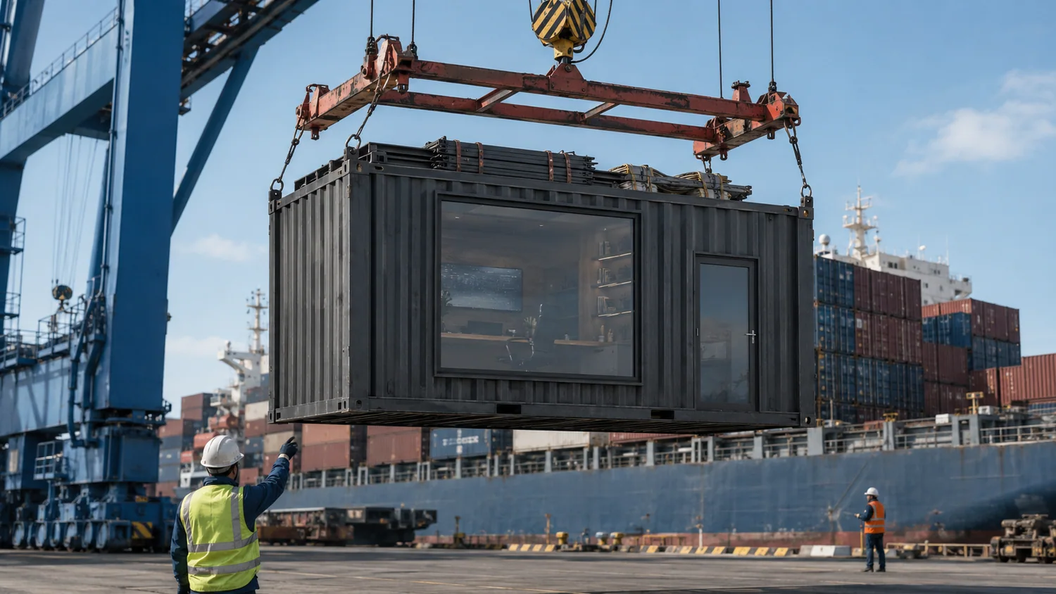 A glazed workspace module suspended from a container crane at a port