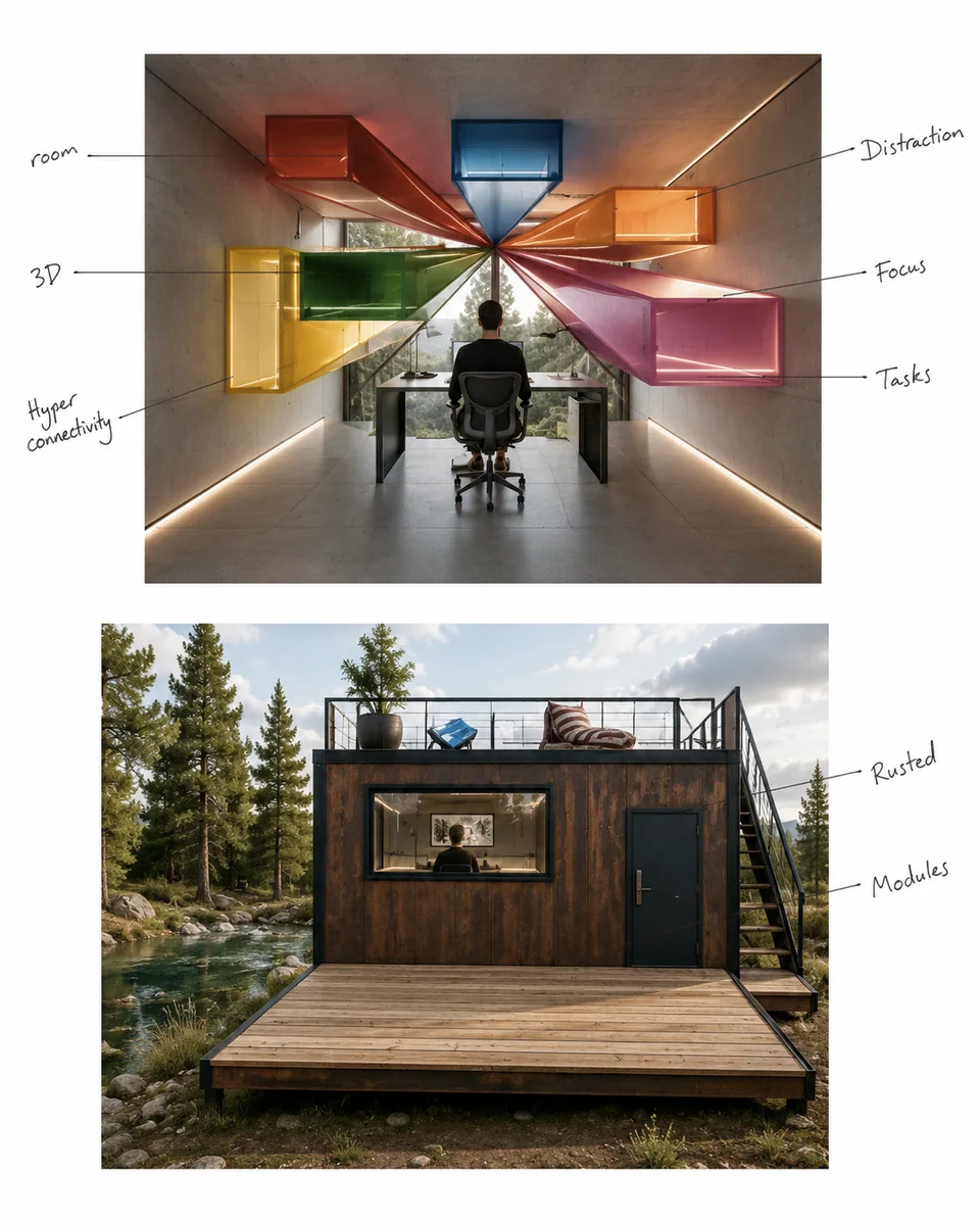 The two original sketches annotated: the hyperconnectivity room above, the modular pastoral office below