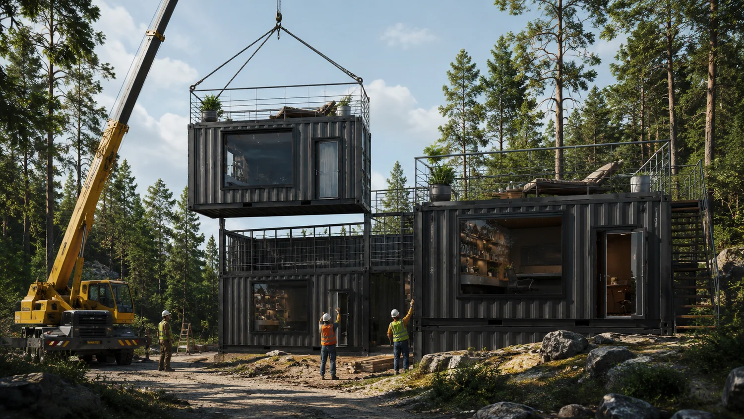 A second module being craned on top of the first to form a two-storey unit in a clearing