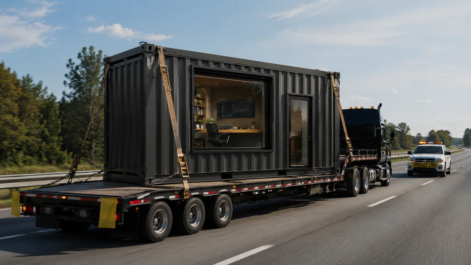 The module strapped to a flatbed lorry on a motorway with an oversize load escort