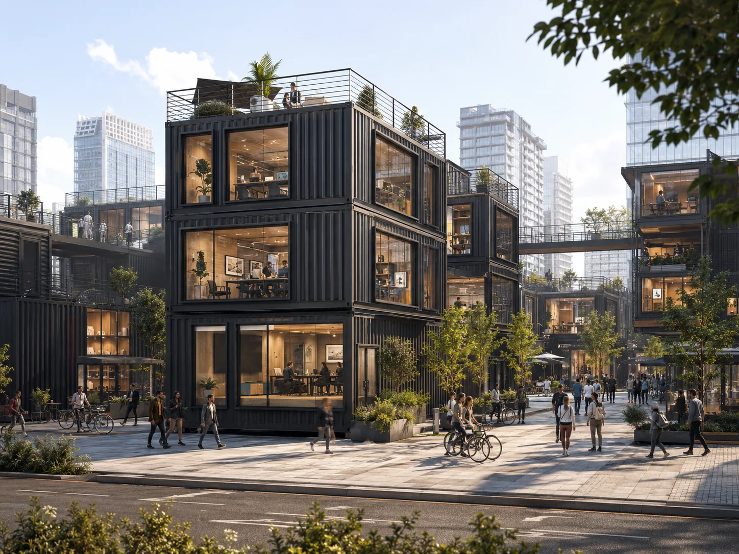 The same modular system stacked three storeys high on a city street with people walking and cycling past