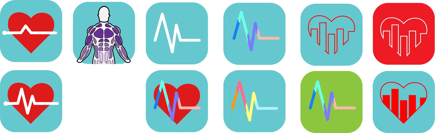 Icon development sheet exploring heart and pulse forms