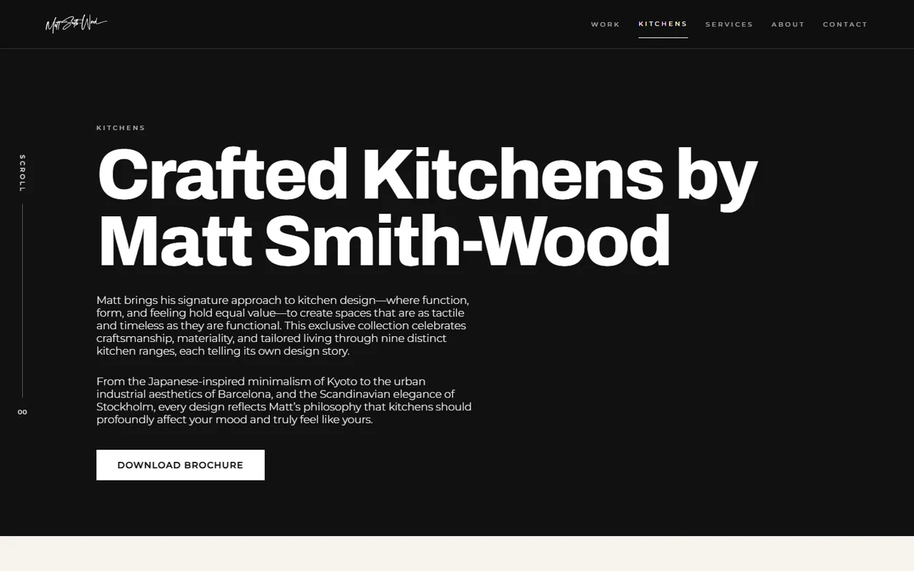 The 2026 kitchens page: full-bleed photography with the navigation across the top and the range name at display scale