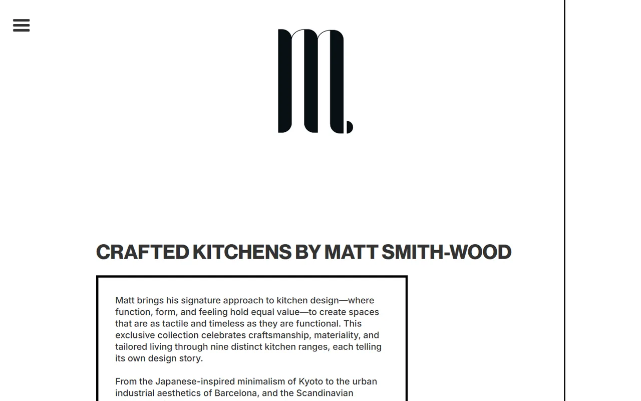 The 2024 kitchens page: a large centred monogram, a heading, and a boxed paragraph occupying only the left half of the screen