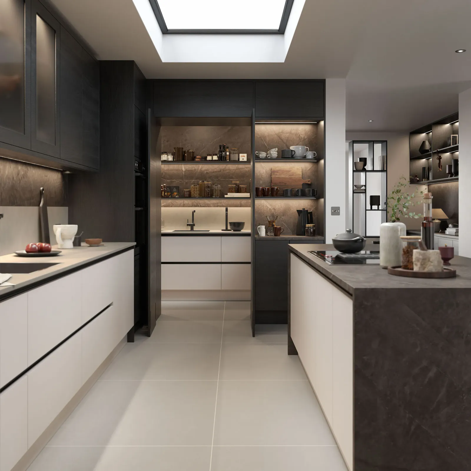 Dark handleless kitchen with pale island and rooflight above